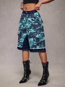 SHEIN ICON Short en jean mi-longueur style patchwork camouflage taille basse - Jean bleu - Voir 4