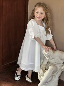 Hapijoa 年轻女孩纯色方领短袖休闲连衣裙家居服，女孩夏季服装 - 白色 - 查看 1