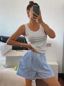 Livesso 简约纯色罗纹针织背心和罗纹短裤睡衣套装、休闲家居服、服装 - 淺灰色 - 查看 4