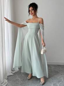 Rafferiza 法式优雅性感派对礼服，无袖露肩褶皱雪纺拼接透视袖收腰长裙，绿色，春夏 - 綠色 - 查看 6