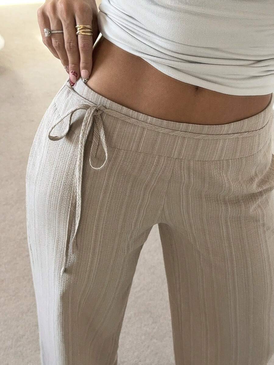 SHEIN Essnce 女士休闲百搭简约条纹长裤 - 卡其色 - 查看 1