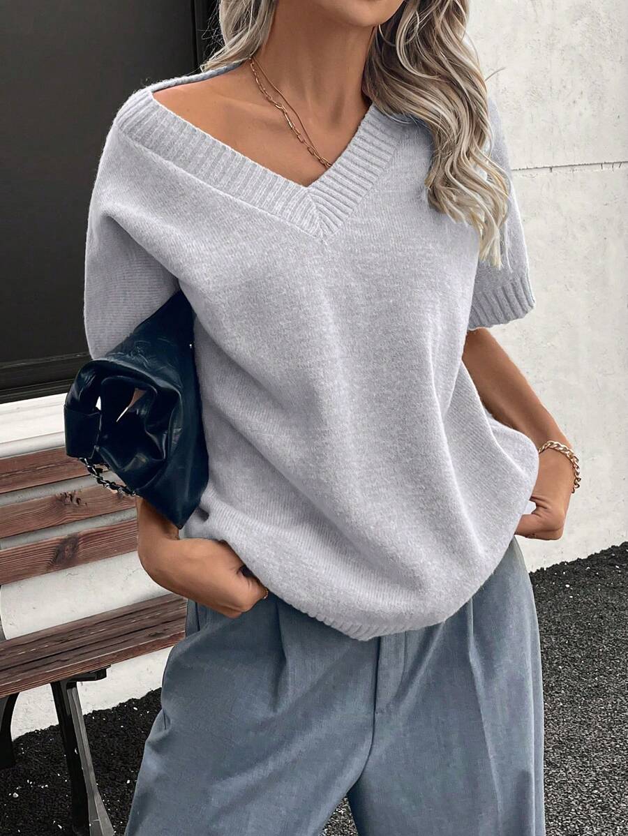 INAWLY 女士休闲 V 领宽松针织毛衣背心，秋冬 - 灰色 - 查看 1