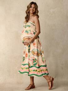 Boho Mama Abito casual senza maniche con stampa di piante tropicali, per donne in gravidanza, adatto per vacanze