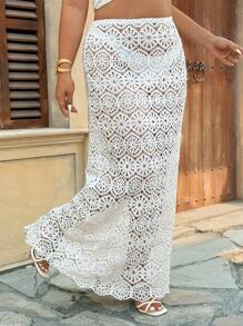 SHEIN VCAY Plus Size Women Vacation Floral Hollow Out Skirt Lace Summer Spring Easter Festivals Raves Elegant Vacation Casual Boho Graduation Brunch Wedding Guest Skirt Women Bohemia Concert Country Concert Beach Vacations - White - View 4
