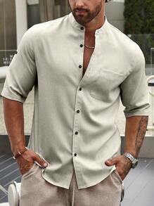 Manfinity Homme 宽松男士立领短袖衬衫休闲男士衬衫纽扣男士衬衫休闲男士休闲正装衬衫 - 卡其色 - 查看 3