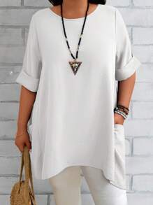 EMERY ROSE Damen Große Größen Sommer Blau Rundhals Kurzarm Doppeltasche Locker Lässig Mutter Shirts Damen Sommer Shirts