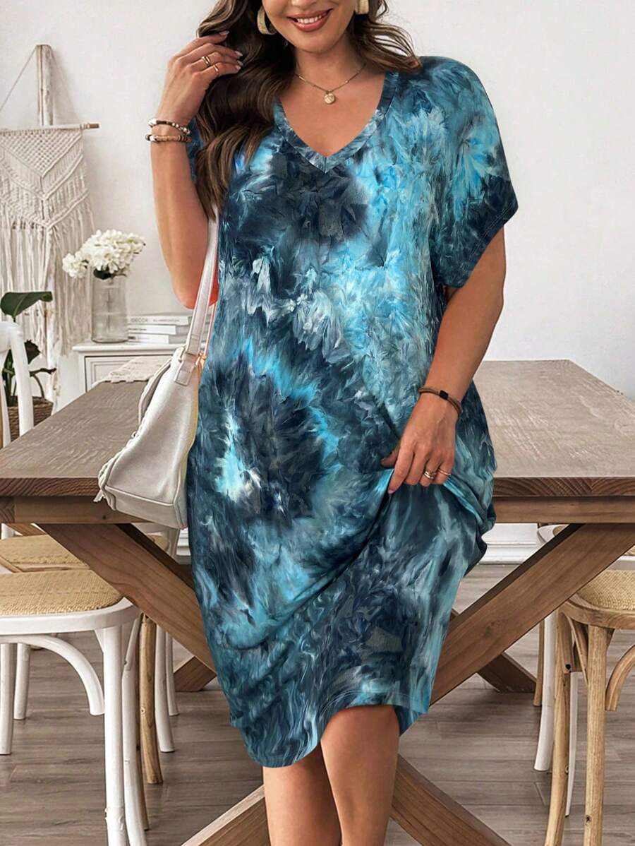 SHEIN LUNE 大码女式V领蝙蝠袖休闲扎染连衣裙