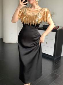 DAZY 女士优雅修身婚礼/宴会礼服套装，饰有闪亮亮片、网纱披肩、缎面和绉纱吊带连衣裙，适合返校节、舞会、新年等场合，也可作为女士嘉年华闪亮礼服穿着。 - 黑色 - 查看 2