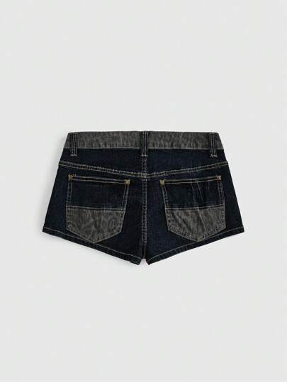 Grunge Punk Short en jean déchiré style patchwork imprimé léopard taille basse sexy, style rétro Y2K festival rave, pendentif cœur léopard, grande taille