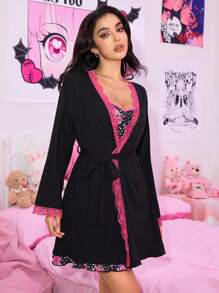 ROMWE J-Fashion Y2K 亚文化原宿风格玫瑰花卉波尔卡圆点印花夏季休闲睡衣套装 - 黑色 - 查看 3