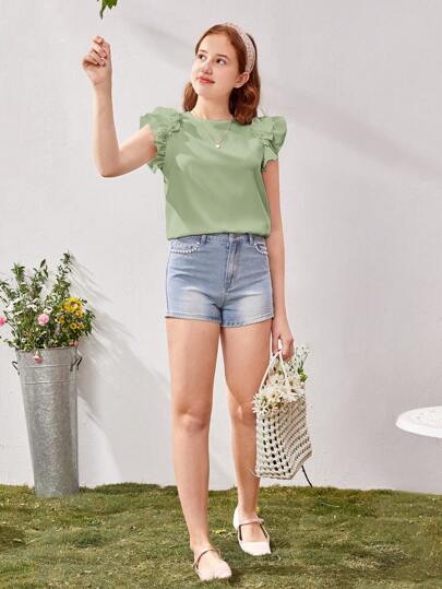 SHEIN 少女纯色荷叶边休闲圆领衬衫