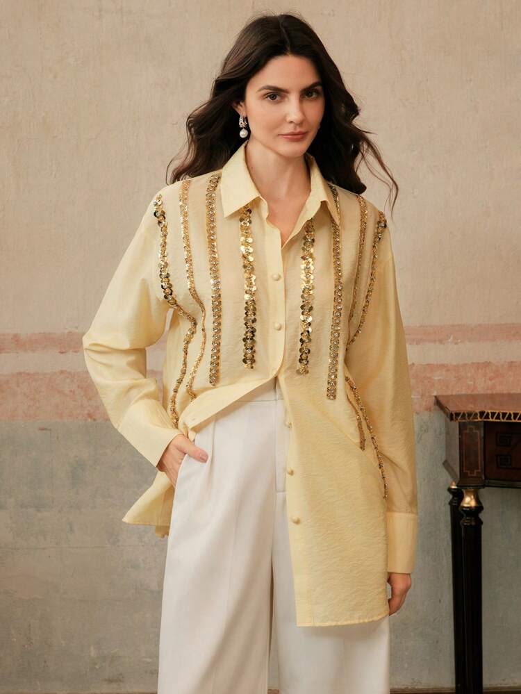 Women's New Apricot See-Through Studded Pearls Thin Long Sleeve Elegant Blouse Top