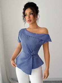 Elenzga 女式春夏斜领短袖条纹度假褶饰休闲衬衫 - 藍色 - 查看 6