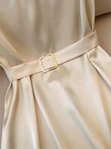 Franclia Women's Solid Color V-Neck Belted Elegant Short Sleeve Mid-Length Dress - Apricot - View 6