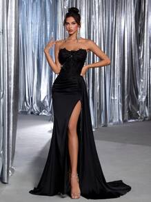 Glamrae Elegante y hermoso vestido de fiesta con encaje rojo con lentejuelas, sección de cintura retorcida, abertura sexy con cola de sirena con cinta, adecuado para citas, fiestas, ceremonias de graduación, ocasiones formales, cenas, bodas, Día de San Valentín - Negro - Ver 6