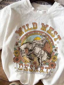 SHEIN Leap Crew ModeFlare Wear Tween Girl Retro Western Cowboy Pattern, Sunflower, Casual Simple Short Sleeve T-Shirt, Round Neck, Suitable For Summer Wear - White - View 3