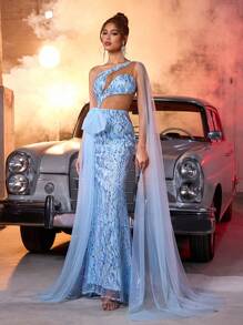 Glamrae 优雅天蓝色精美亮片手工蝴蝶结装饰斜肩带飘袖不对称领口腰部性感透视修身鱼尾拖尾适合约会单身派对毕业典礼婚礼活动厚重晚礼服、正式礼服、晚礼服、婚礼宾客 - 藍色 - 查看 7