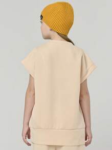 SHEIN Tween Girls Simple Solid V-Neck T-Shirt And Flare Pants Set, Summer - Khaki - View 3