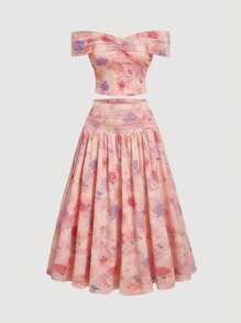 SHEIN MOD Plus Size Abstract Floral Print Strapless Crop Top And Skirt 2Pcs Set - Multicolor - View 1