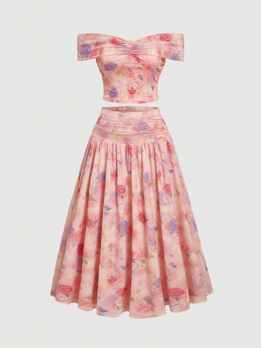 SHEIN MOD Plus Size Abstract Floral Print Strapless Crop Top And Skirt 2Pcs Set - Multicolor - View 1