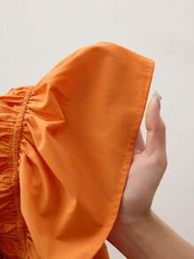Maija 女式橙色褶饰抽绳弹性前抹胸，性感休闲度假短款衬衫，时尚简约设计 - 橘色 - 查看 8
