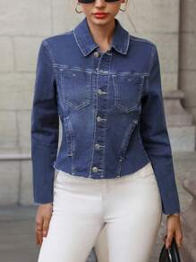 SHEIN Essnce Women's Casual Versatile Denim Jacket And Outerwear - Medium Wash - View 5