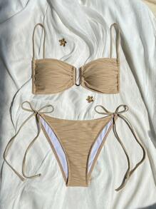 Swim Basics Solid Color Tie Knot Strap Bikini Swimsuit, Suitable For Summer - Khaki - View 1