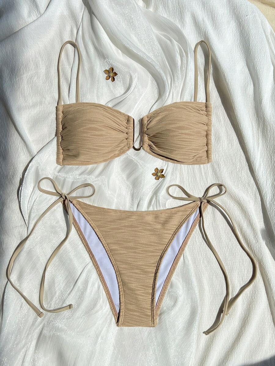 Swim Basics Solid Color Tie Knot Strap Bikini Swimsuit, Suitable For Summer - Khaki - View 1
