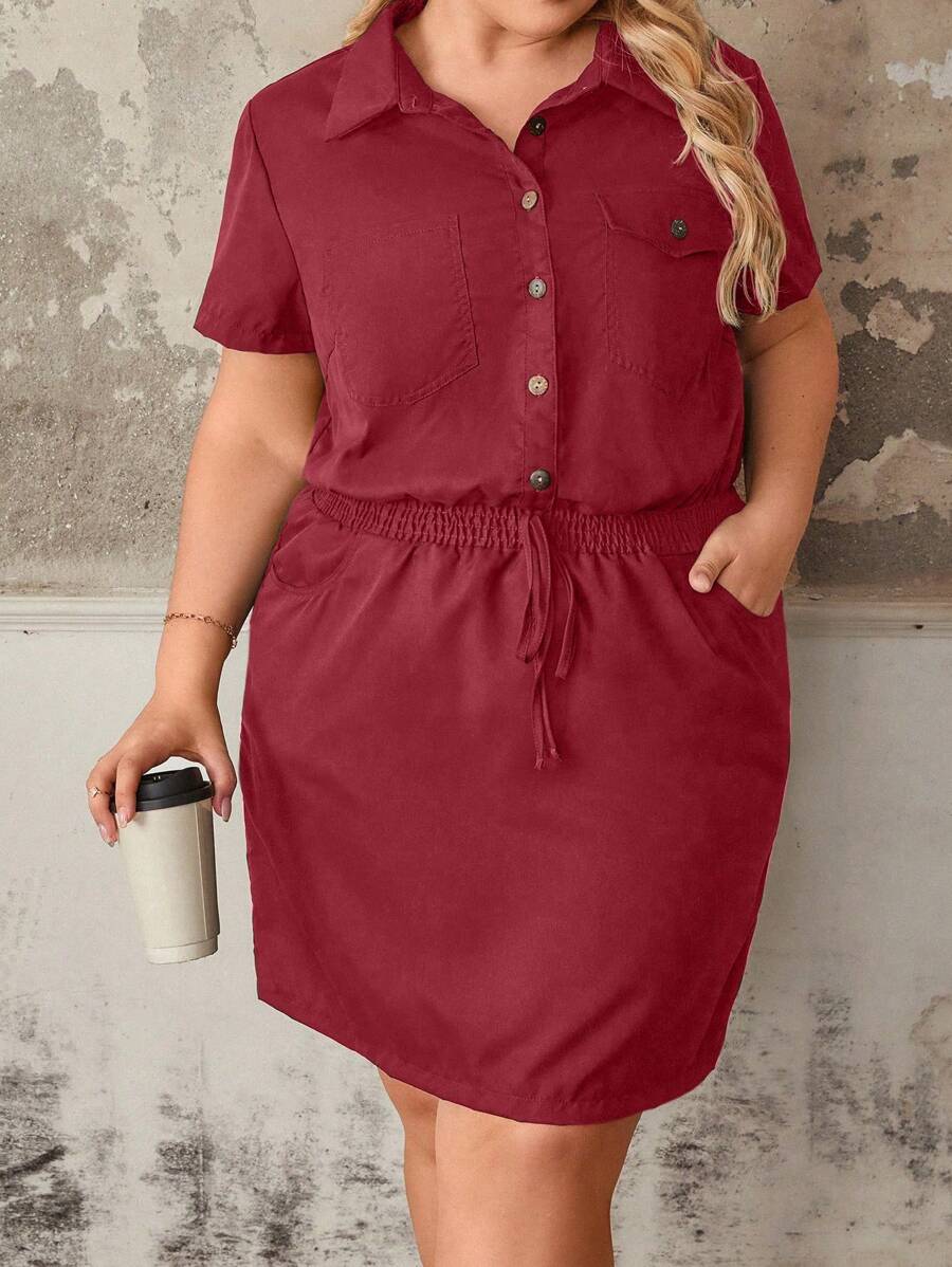 SHEIN LUNE Plus Size Women's Army Green Cargo Shirt Dress, Elastic Waist, Half-Opening Front, Short Sleeve, Casual Outdoor Commute Daily Work Short Dress - Burgundy - View 1