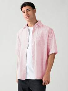 SWAVVY Men's Striped Single-Breasted Short Sleeve Casual Woven Button Up Shirt, School - Baby Pink - View 6