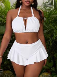 Slaydiva Plus Size Vacation Sexy Exaggerated Ruffled Bottom Swimsuit Set - White - View 3