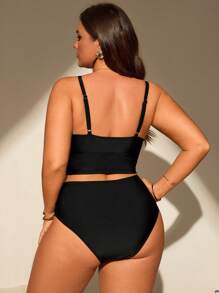 Swim Lushoire Plus Size Women's Solid Color 2 Pieces Elegant Casual Tankini Swimwear For Summer Beach Vacation - Black - View 2