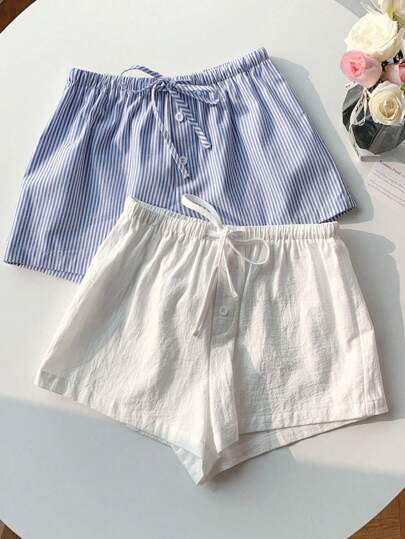 SHEIN 2 Pieces Set: Teen Girls Linen Striped Bowknot White Casual Shorts + Sport Shorts, For Spring/Summer, Vacation, Beach Outfits