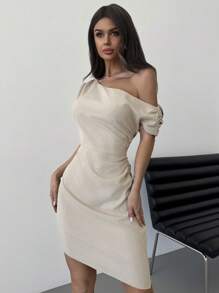 Firerie Elegante vestito color albicocca in lino, con colletto drappeggiato asimmetrico, vita segnata, orlo asimmetrico, adatto per andare in ufficio, vacanze, ritorno a scuola, matrimoni