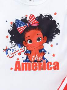 2 pièces/Set Combinaison bébé fille nouveau-né Jour de l'indépendance Imprimé Couleur contrastée avec pantalon évasé, Spécialement conçu pour le Jour de l'indépendance ou pour une utilisation quotidienne