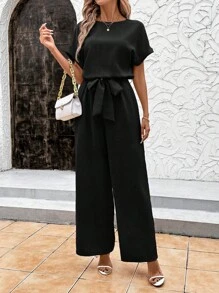 SHEIN Clasi Eleganter Sommer Damen Jumpsuit aus blauem, kühlem Leinen mit plissiertem Stoff, Schulterärmel und Taillenband, geeignet für verschiedene Anlässe, tägliche Reisen, Ausflüge usw.