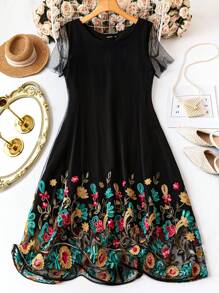 Modelyn Plus Size Women's Floral Embroidery Mesh Elegant Arabic Style Dress - Multicolor - View 6