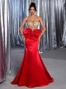 Glamrae Elegant Luxury Beaded Sequin Sexy Strapless Butterfly Decor Mermaid Dress With Trailing Train, Suitable For Wedding, Party, Prom, Evening Gown (Heavy-Duty Design)