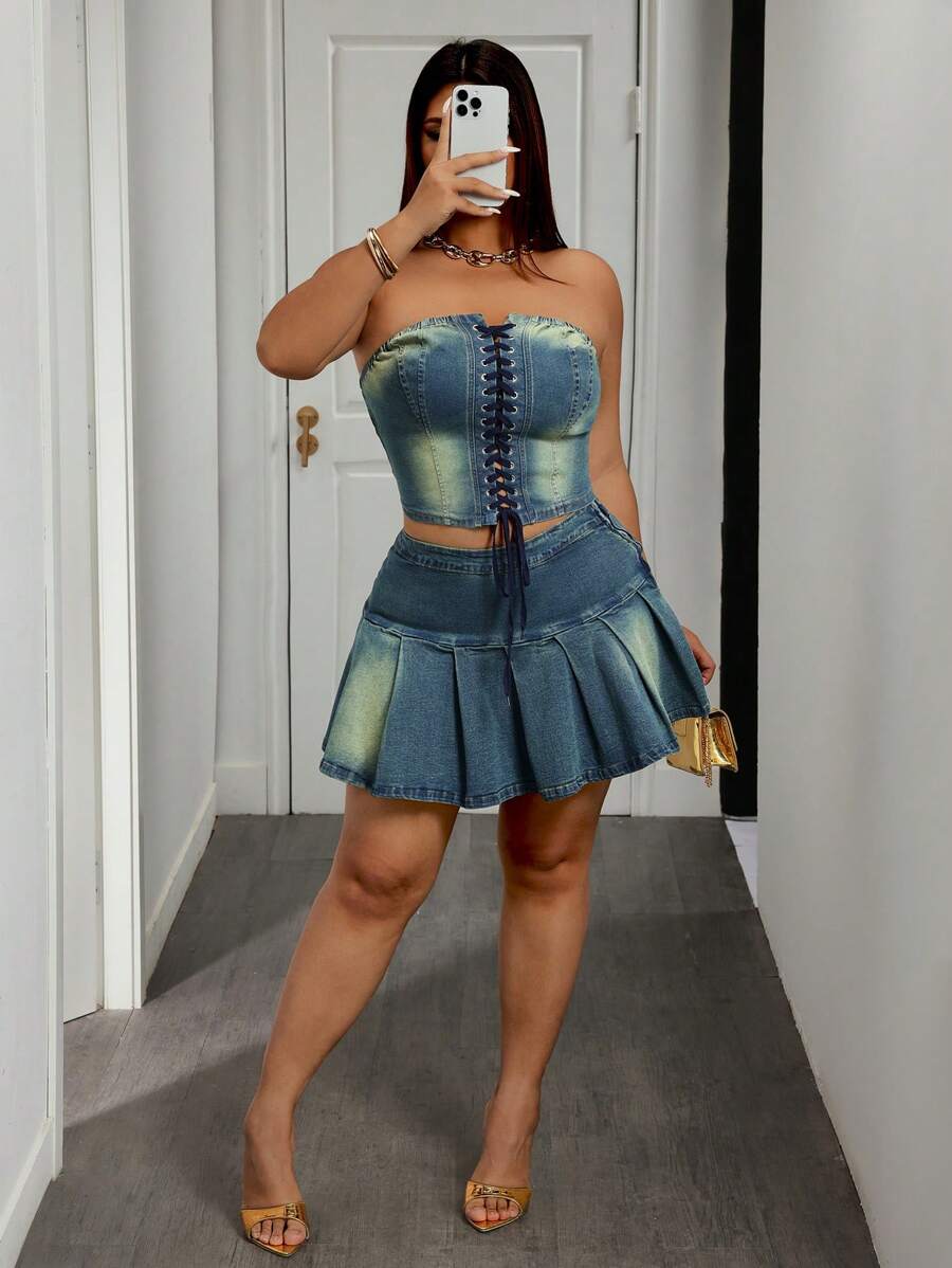 SHEIN SXY تنورة جينز قصيرة مطوية كاجوال مناسبة للبدناء ، مناسبة للارتداء اليومي الصيفي