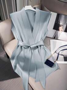 Franclia French Style Solid Color Wrap Around Tie Waist Sleeveless Elegant Blouse