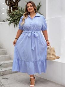 SHEIN CURVE+ Bohemian Style Blue & White Striped Print Ruffle Hem Tie Waist Casual Dress, Plus Size, Summer, Curve Plus, Boho Vacation Beach Outfits For Woman/Beach Dress/Beach Vacation Outfits/Beach Essentials / Graduation/Tea Party Dress