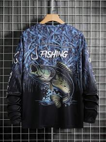 Manfinity Homme Men's Long Sleeve Casual Fishing T-Shirt - 3D Fish Print, Round Neck, Polyester, Black & Blue Gradient Tee, Ideal For Outdoor Activities