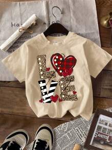 SHEIN Tween Girls Casual Minimalist Tees, Heart, Leopard Print Love, Plaid Heart, Colorful Heart Graphic Designs, Black, Pink, Khaki, Suitable For Summer
