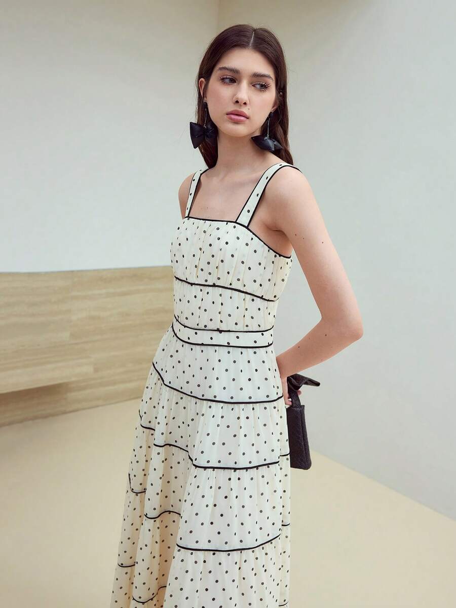 MOTF STUDIO 优雅对比波尔卡圆点长裙，适合日常和度假穿着 - 杏色 - 查看 2