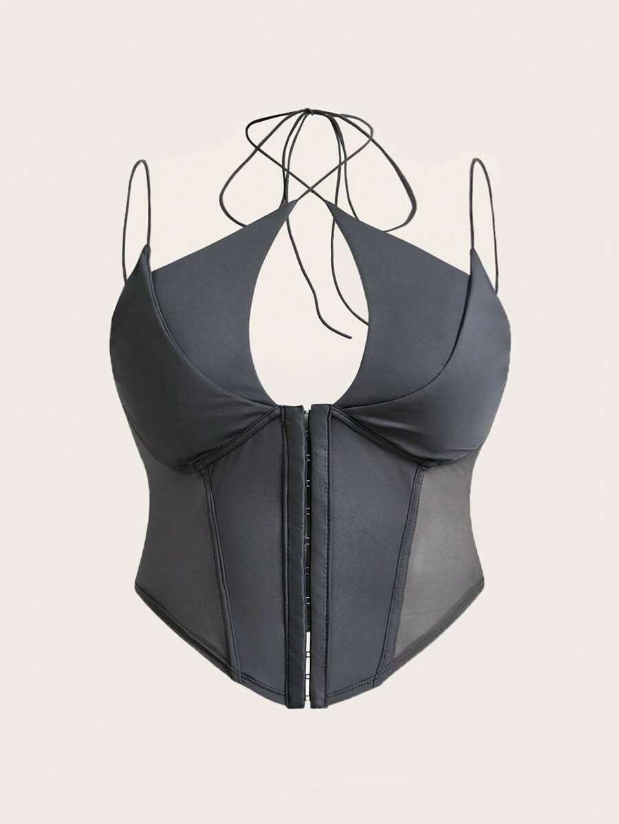 SHEIN ICON 钩眼网眼插入短款吊带背心黑色紧身胸衣上衣 - 深灰色 - 查看 1