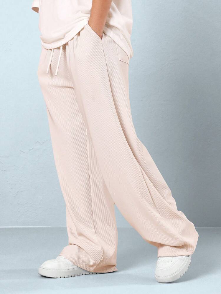Ribbed Texture Wide Leg Drawstring Sweatpants