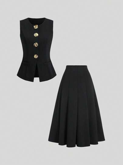 Sweetra مجموعة قطعتين حريمي من الفستان الطويل والسترة البديلة الأنيقة بأزرار كبيرة بلا أكمام للربيع والصيف، طابع مهني وكاجوال