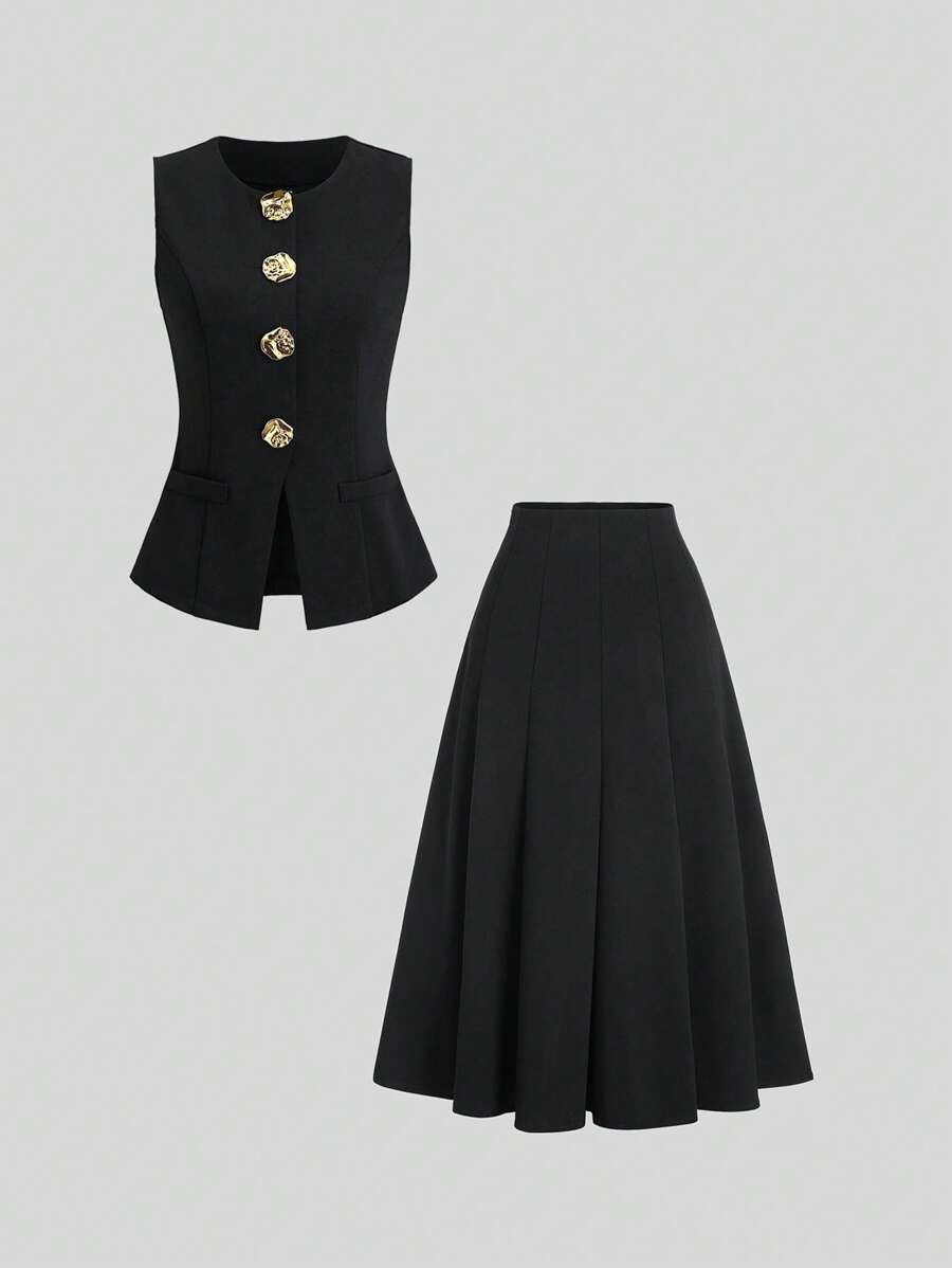 Sweetra Conjunto de 2 piezas informal y profesional para mujer, compuesto por un chaleco sin mangas con botones grandes y una falda larga, ideal para la primavera y el verano - Negro - Ver 1