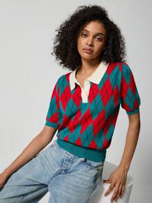 SHEIN EZwear Button Half Placket Argyle Knit Top