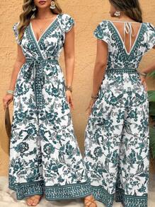 SHEIN Clasi Plus Size Women's Deep V-Neck Ruffled Sleeve Porcelain Color Jumpsuit, Suitable For Party, Date, Gathering With Friends, Casual Occasions, Beach Holiday, Picnic In The Park, Spring/Summer - Dark Green - View 1